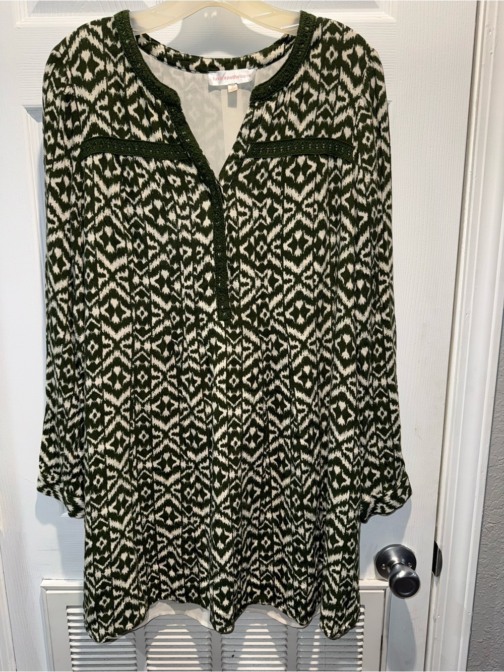 Luxe Apothetique Women’s M Green Cream Geometric Print Long Sleeve Boho Dress